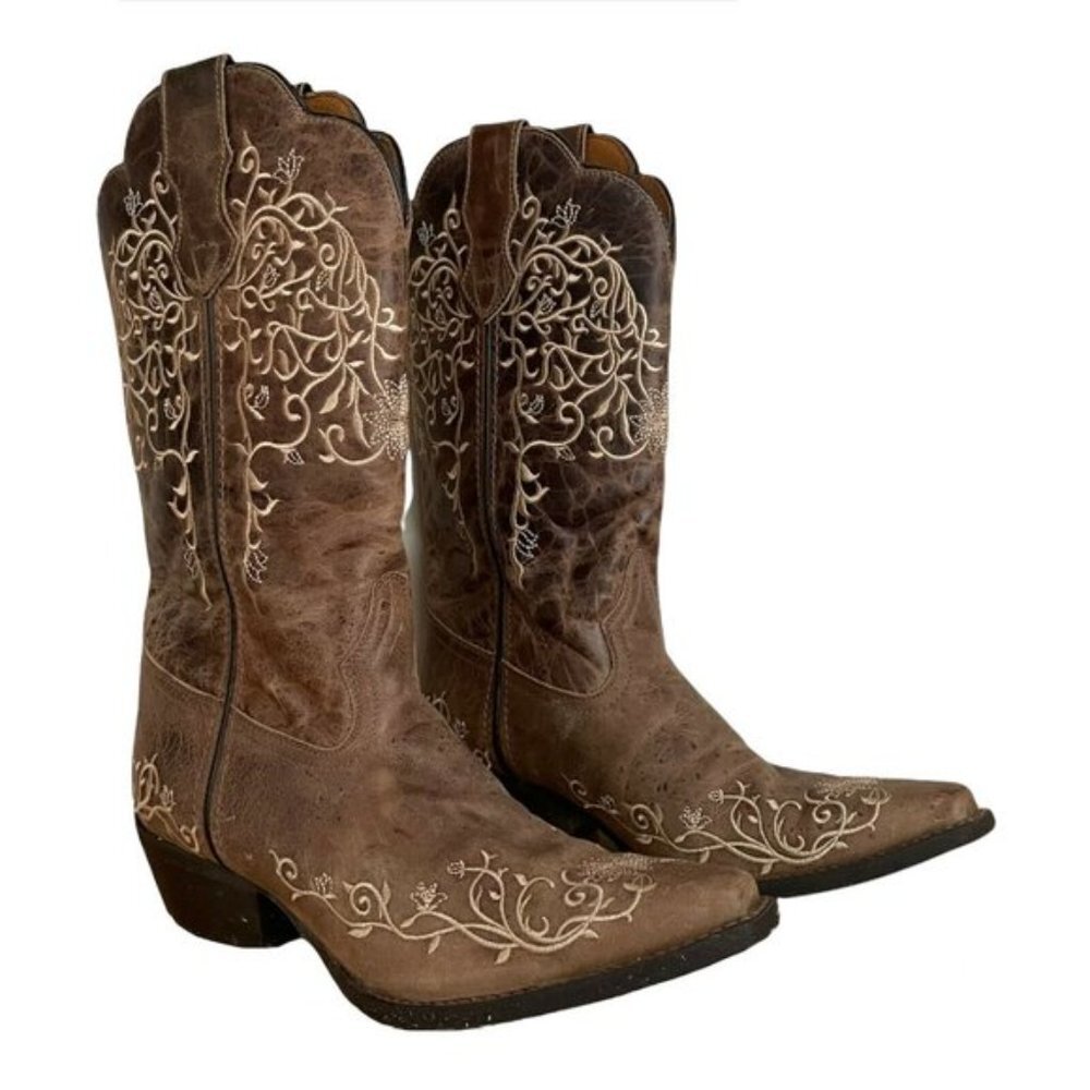 Laredo Taupe Embordered Design Cowgirl Western Jasmine Snip Heel Boot Size 10 - Picture 2 of 15